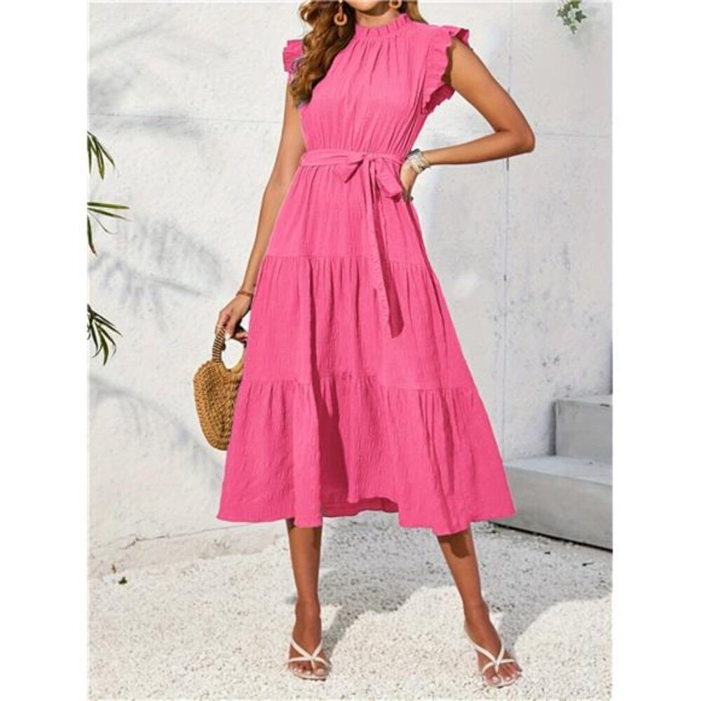 Frill Mock Neck Ruffled Cap Sleeve Midi Dress - Picture 15 of 15